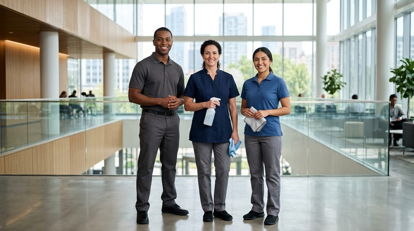 Three Cleansed cleaning professionals standing in the lobby of a commercial building.