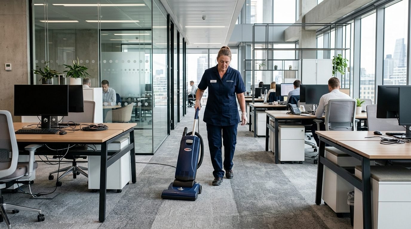 An office being vacuumed between rows of workstations.