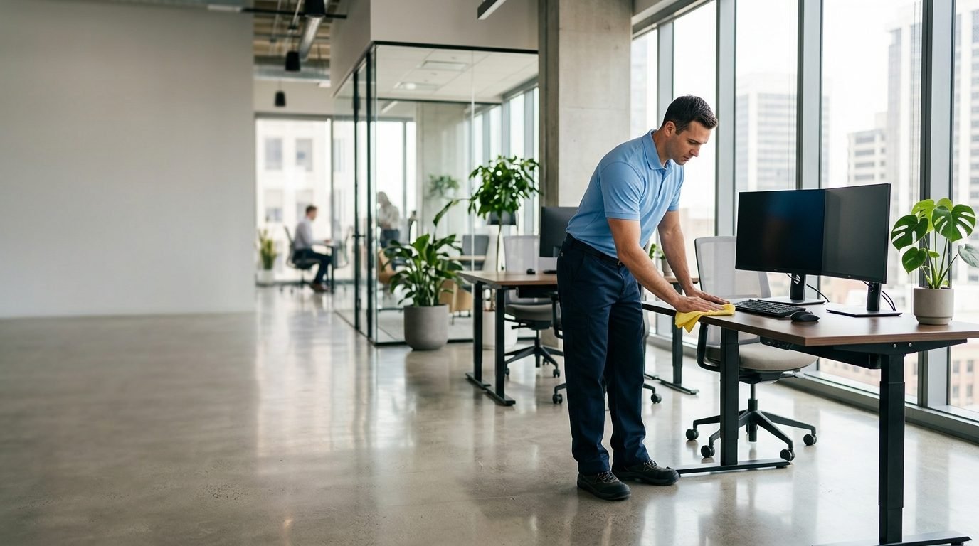 A Cleansed team member wiping down a desk in a bright, modern open-plan office.