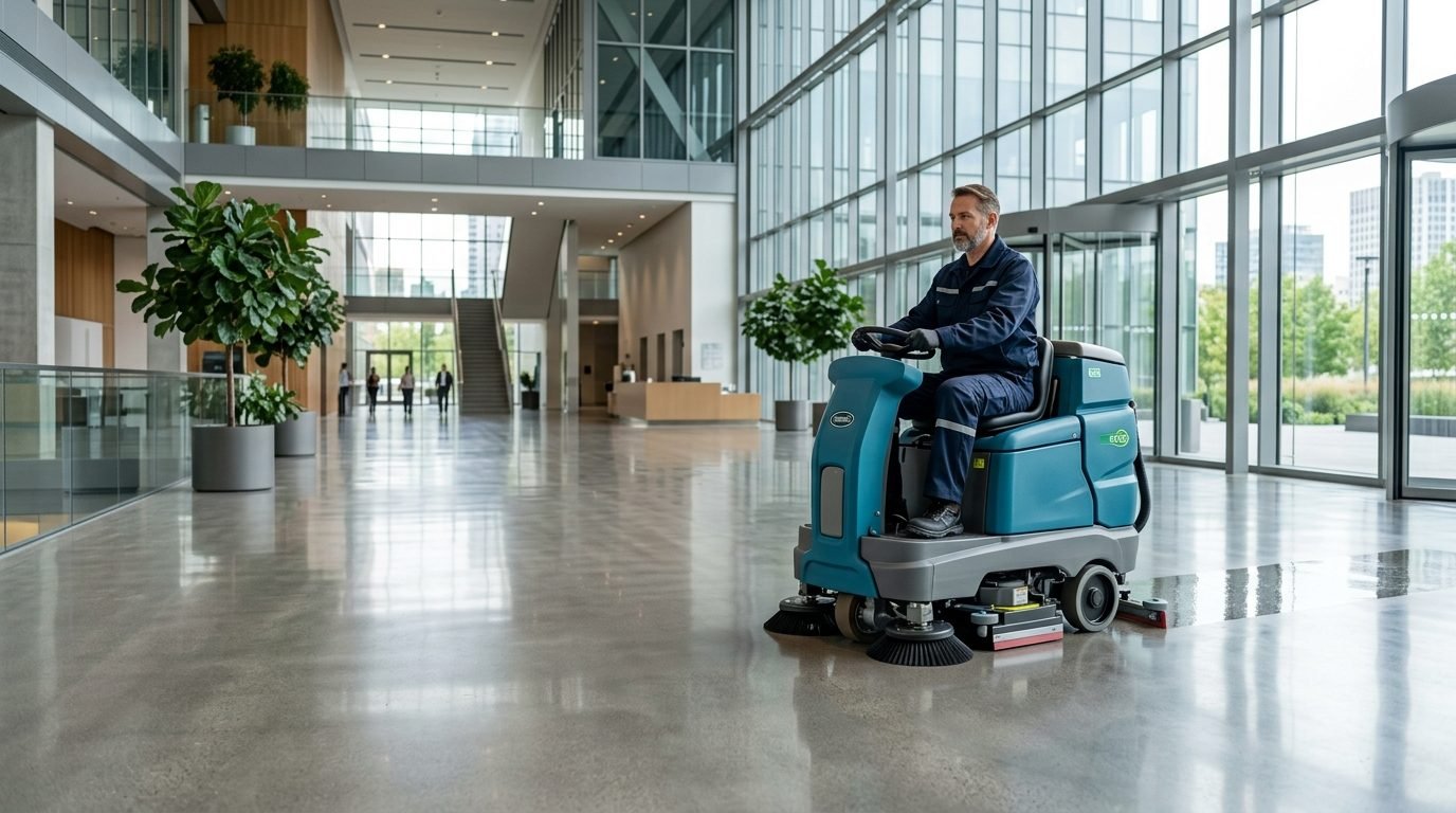 A ride-on floor scrubber cleaning the polished floor of a commercial lobby.