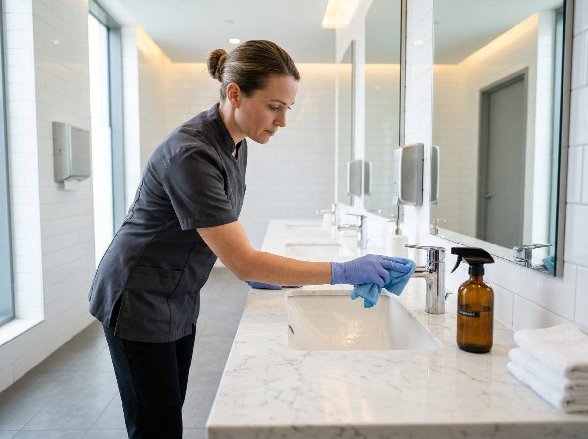 A cleaner in gloves wiping down a sink and counter in a bright, white-tiled restroom.