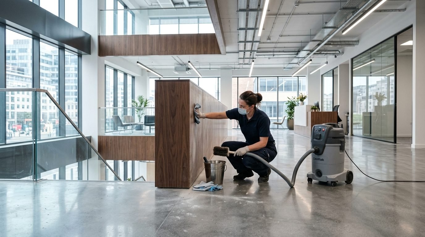 A cleaner removing construction dust from a wall panel in a newly finished office.